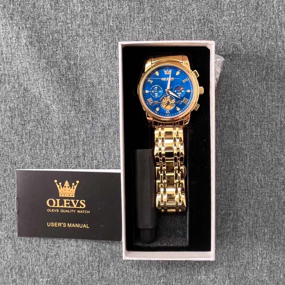 OLEVS Men's Luxury Quartz Watch Gold Blue Dial Chronograph